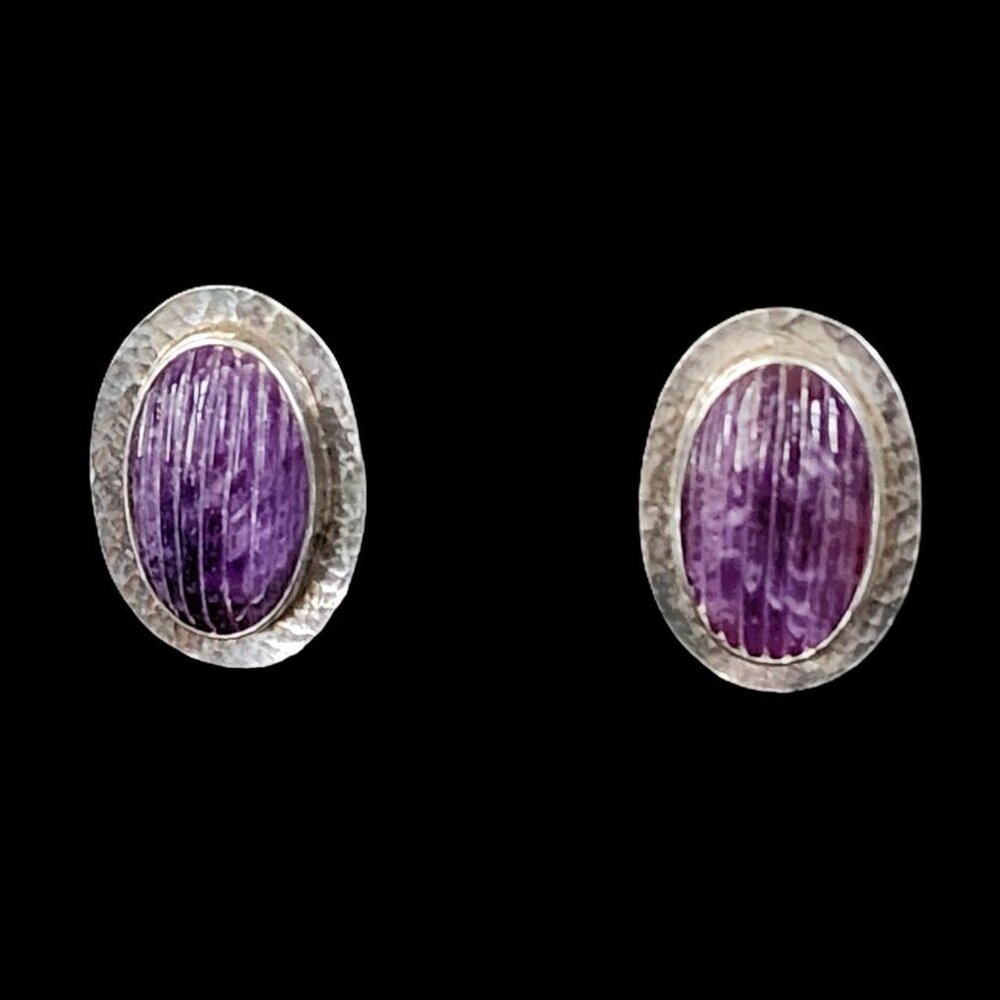 Vintage Dramatic Modernist Pepe Cerroblanco Sterling Silver Amethyst Earrings - Picture 5 of 6